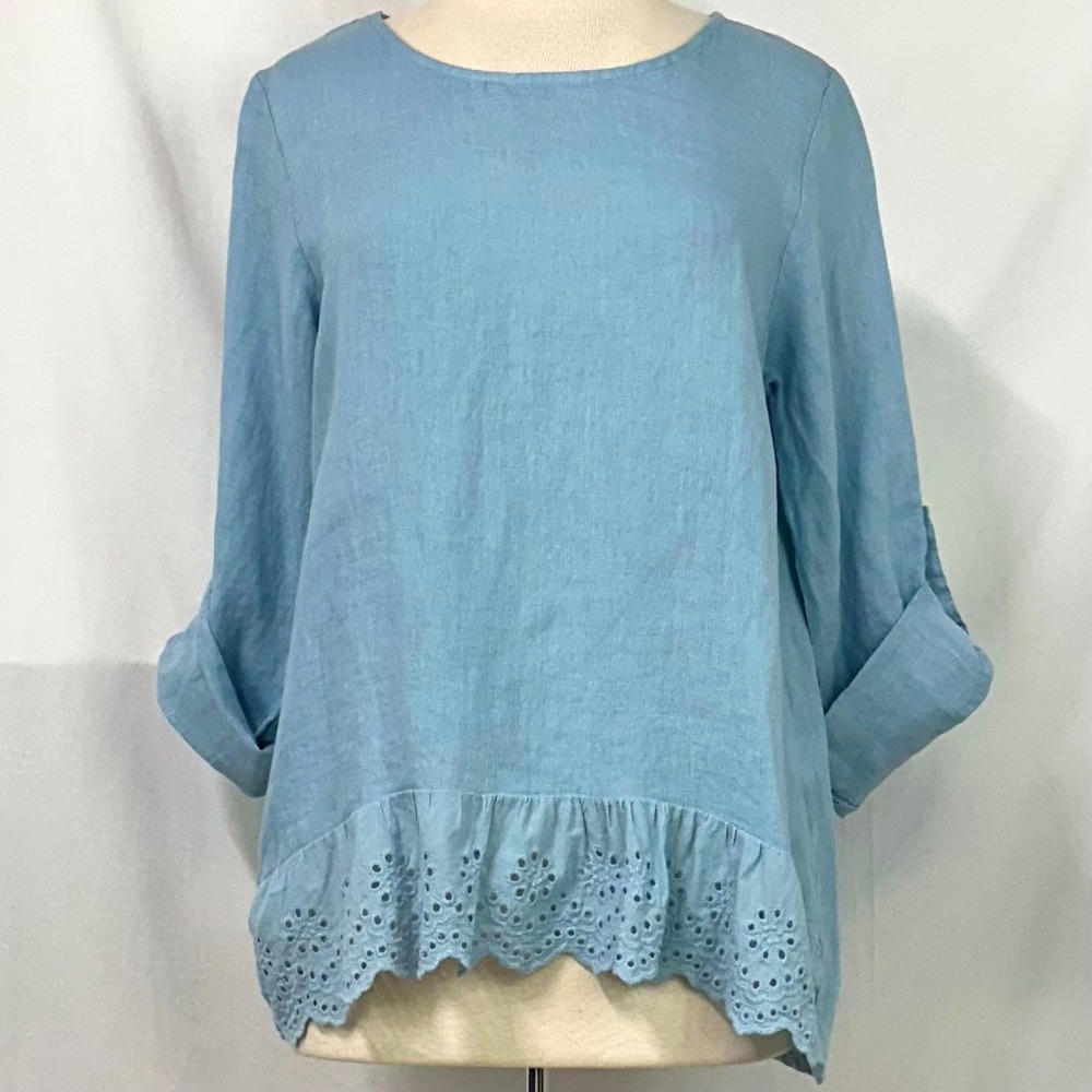 TERZO MILLENNIO Blue 100% Linen Tunic Top Lace Eyelet‎ Made In Italy Women's M